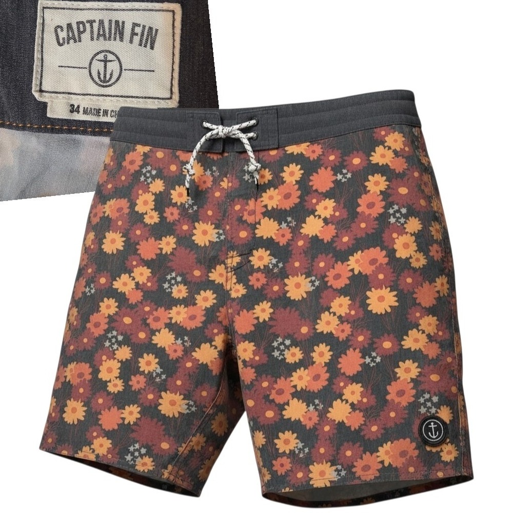 Captain Fin Board Shorts Men 34 Multi Floral Print Surf Trunks Anchor Patch